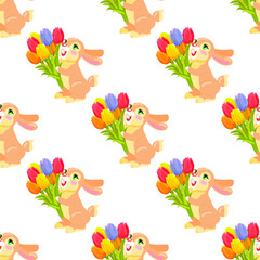Seamless pattern with milk chocolate bunny and luxury bouquet of tulips isolated on white background. Vector illustration of endless texture with holiday mascot. Festive emblem of hare animal