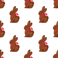 Seamless pattern of chocolate bunny with pink ribbon on white background. Vector illustration of endless structure with sweet gift on easter. Wallpaper wrapping paper design with nice sweetness