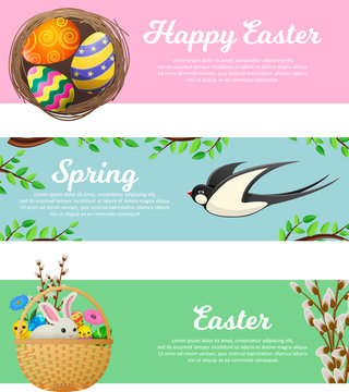Spring and happy easter web banners set. Painted eggs in nest, wicker basket with bunny and chickens, flying swallow vector illustrations. Horizontal concepts with easter symbols for landing pages