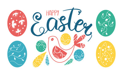 Happy Easter handwriting lettering. Calligraphy, easters eggs, bird and decorative elements. Easter Sunday and Monday. Design for holiday greeting card, invitation, poster, banner or background