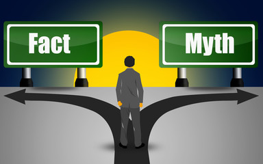 Two green direction sign, fact and myth