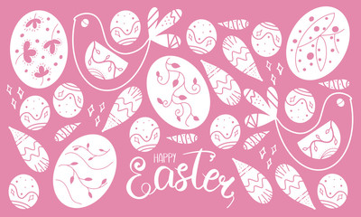 Happy Easter handwriting lettering. Calligraphy, easters eggs, bird and decorative elements. Easter Sunday and Monday. Design for holiday greeting card, invitation, poster, banner or background