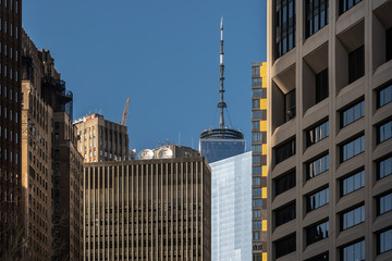 Close-up view of modern skyscrapers in Financial District Lower Manhattan New York City