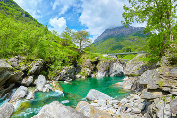 Famous verzasca river near Lavertezzo in Switzerland.