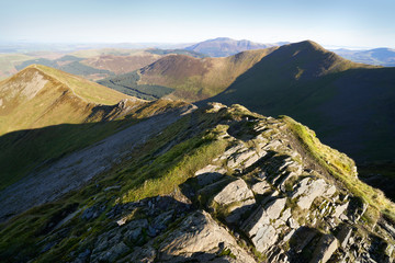 Looking down towards Ladyside Pike from below Hopegill Head on a sunny day in the English Lake District, UK.