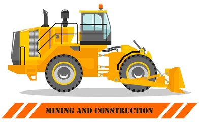 Wheel dozer. Bulldozer. Detailed illustration of heavy mining machine and construction equipment. Vector illustration.