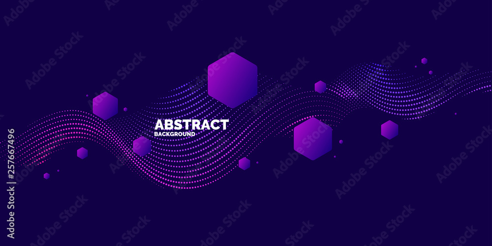 Poster vector abstract background with dynamic waves, line and particles.