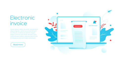 Electronic receipt or invoice in flat vector illustration. Digital bill for online internet banking concept. Online transaction via laptop. Website or webpage layout template.