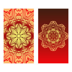 Luxury red, sunrise, gold color The Front And Rear Side. Mandala Design Elements. Wedding Invitation, Thank You Card, Save Card, Baby Shower. Vector Illustration.
