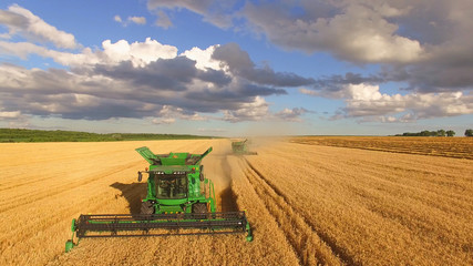 Combine harvesters and cloudy sky. Agriculture and technology.