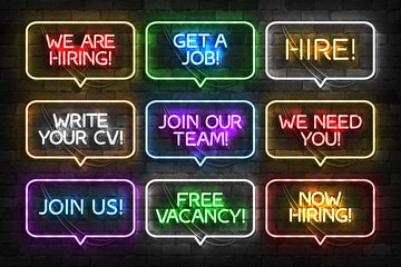 Naklejka premium Vector set of realistic isolated neon sign of Hire logo for template decoration and invitation covering on the wall background. Concept of hiring, cv and career.