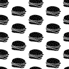 Cute cartoon hamburger background with hand drawn hamburgers. Sweet vector black and white hamburger background. Seamless monochrome doodle hamburger background for fabric, wallpapers and wrap.