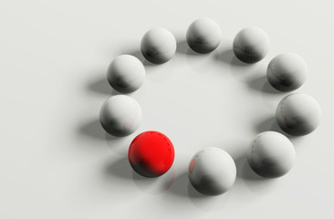 Business concept of white balls with red leader.