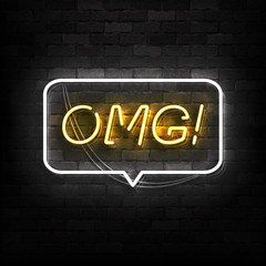 Vector realistic isolated neon sign of OMG logo for template decoration on the wall background. Concept of social media expression.