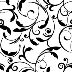 Black and white elegant floral swirls seamless pattern, vector