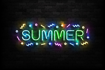 Plakat Vector realistic isolated neon sign of Summer typography logo for template decoration on the wall background. Concept of vacation and tourism.
