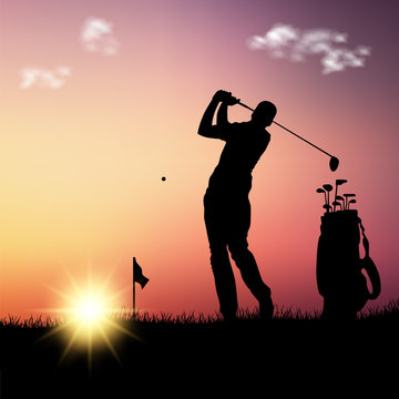 Silhouette of golfer with bag at sunset template