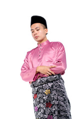 Portrait of young and handsome asian man with traditional praying over white background