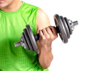 cropped image of young fit man in sportswear, holding dumbbell over white background