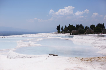 A breathtaking view on Pamukkale natural site of hot springs and travertines (terraces of carbonate minerals)/southwestern Turkey, Denizli Province, River Menderes valley /Unesco world heritage site