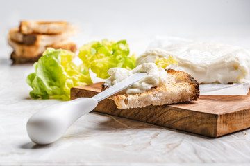 Italian spreadable cheese called stracchino served with slices of toasted bread 