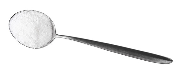 top view of tablespoon with grained Rock Salt - obrazy, fototapety, plakaty