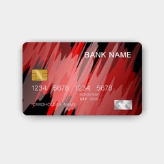 Modern credit card template design. With inspiration from the line abstract. Red and black color on gray background illustration. Glossy plastic style.