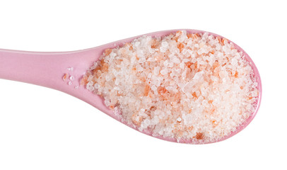 top view of ceramic spoon with pink Salt close up