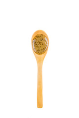 Scrubbing honey and coffee mixture on body in hot sauna helps open the pores and renew, rejuvenate the skin on body. Sauna treatment. Wooden spoon with sauna honey isolated on white background.