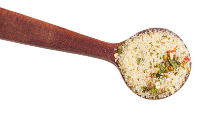 top view wooden spoon with seasoned salt close up