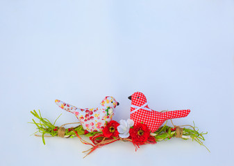 Textile spring birds. Decorative toys of handwork. Wedding decorations