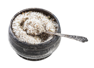 silver salt cellar with spoon with seasoned salt