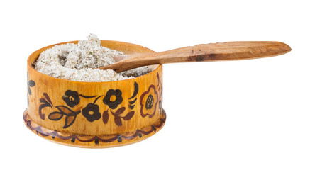 wooden salt cellar with spoon with seasoned salt
