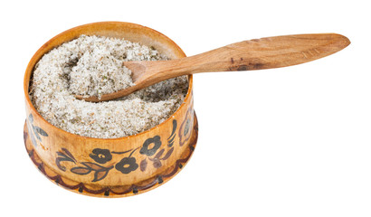 wooden salt cellar with spoon with seasoned salt