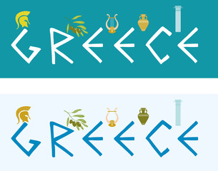 Vector set of flat style banners with the word Greece and Greek symbols. A yellow helmet, an olive branch, a cithara, a blue pillar, a brown vase.