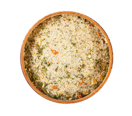 top view of wooden salt cellar with flavored salt