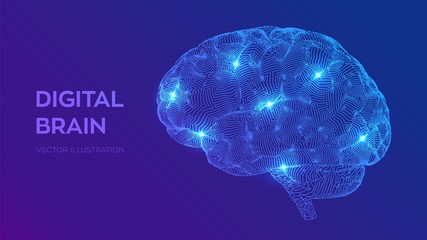 Brain. Digital brain. 3D Science and Technology concept. Neural network. IQ testing, artificial intelligence virtual emulation science technology. Brainstorm think idea. Vector illustration.