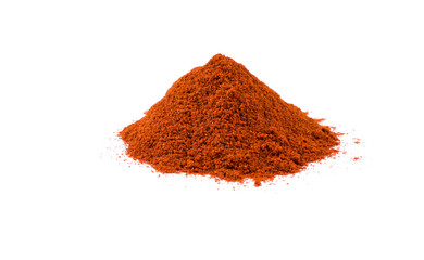 milled or ground paprika or red pepper heap isolated on white background. front view