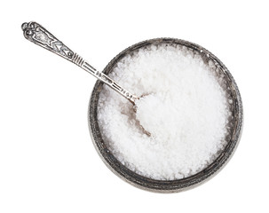 Fototapeta na wymiar silver salt cellar with spoon with Rock Salt