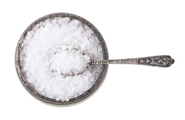 Fototapeta na wymiar silver salt cellar with spoon with coarse Sea Salt