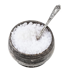 silver salt cellar with spoon with coarse Sea Salt