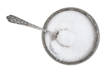 silver salt cellar with spoon with ground Sea Salt