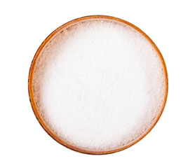 top view of wooden salt cellar with fine Sea Salt