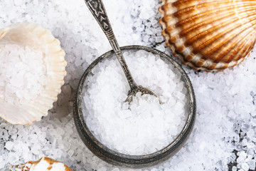 salt cellar, shells and coarse Sea Salt close up