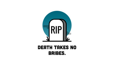 Death Takes No Bribes Motivational Poster with Tombstone Illustration