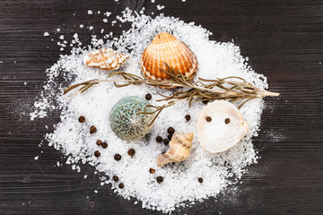 top view of shells, Sea Salt, peppercorns on table