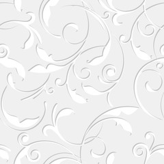 Gray and white elegant floral swirls paper cut out seamless pattern, vector