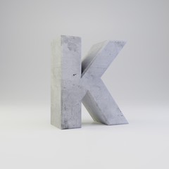 Concrete letter K uppercase with plaster texture isolated on white background