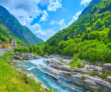 Famous verzasca river near Lavertezzo in Switzerland.