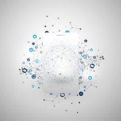 Obraz premium Internet of Things, Cloud Computing Design Concept with Mobile Phone Silhouette and Icons - Digital Network Connections, Technology Background 